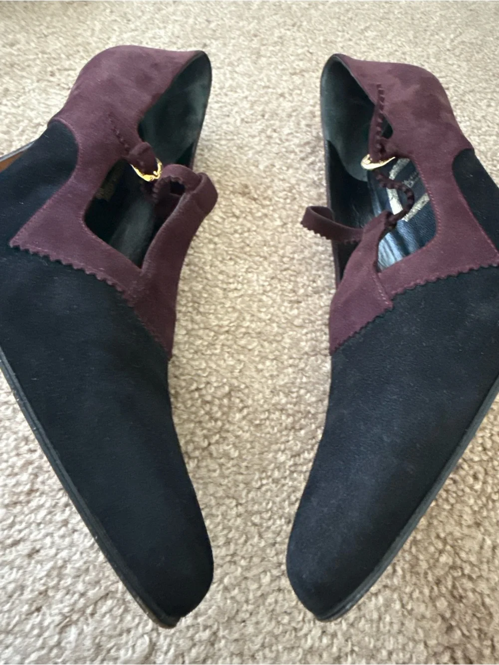Vintage Dior Burgundy and Black Suede T-Strap Mary Jane Pumps Pointed Toe